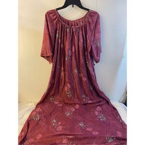 Vintage nylon gown burgundy flowers‎ large rn#16335 USA